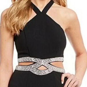 Black Halter Dress Y-Neck Beaded High-Low Dress